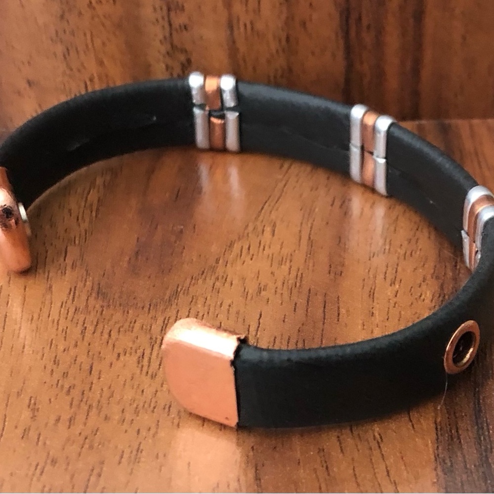 Two Tone Leather Wrapped Pure Copper Magnetic Bracelet Energy Cuff Bangle - Picture 5 of 6